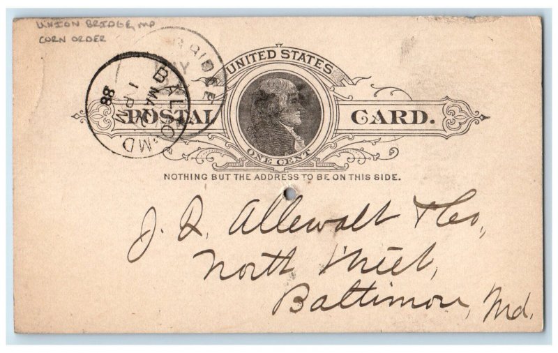 1888 Corn Order Hillen Union Bridge Baltimore Maryland MD Postal Card 