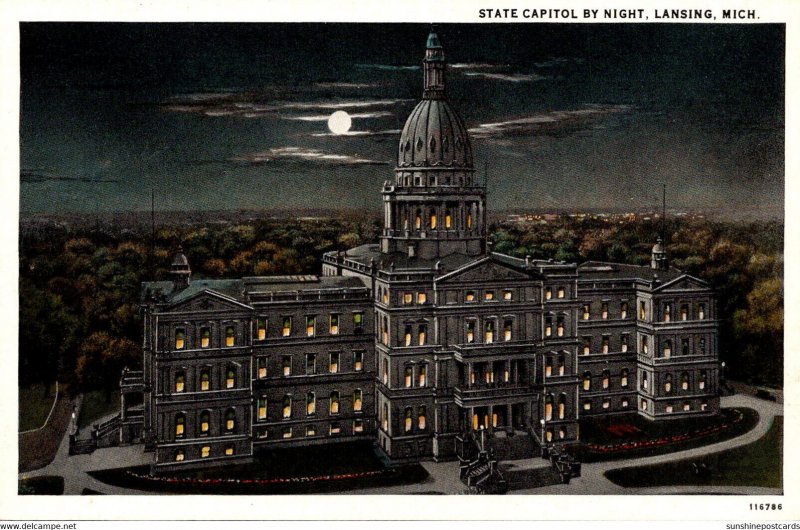 Michigan Lansing State Capitol By Night Curteich