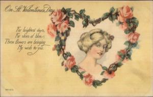 Valentine - Beautiful Woman Rose Border c1910 Postcard