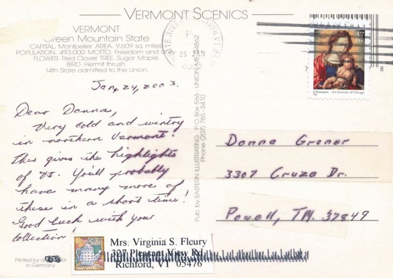 Greetings from Vermont with Map - State Flower - Red Clover - pm 2003