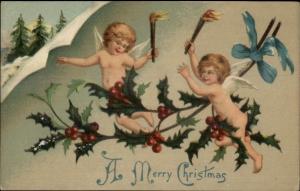 Christmas - Cherubs w/ Roches - Holly c1910 Postcard