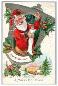 1910 Christmas Santa Claus Pipe Smoke Ringing Bell Holly Berrie Antique Postcard
