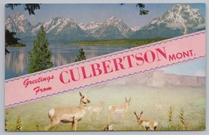 Culbertson Montana~Lake View & Mountains~Deer~Vintage Postcard