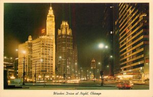 Postcard United States Chicago Illinois Wacker Drive at night Wrigley Building