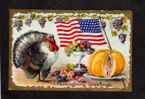Thanksgiving Greetings Turkey US Flag Pumpkin Vegetables Patriotic Postcard