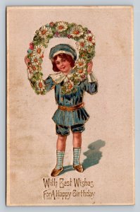 Child in Blue Holding Flower Wreath Birthday Wish Embossed Vintage Postcard 1009