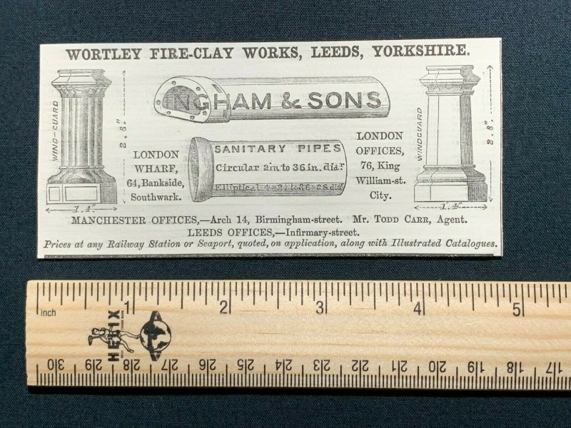 1862 Advert, Ingham & Sons, Wortley Fire-Clay Works Leeds, Sanitary Pipes