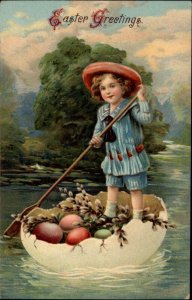 Easter Fantasy Little Boy Rows Egg Boat c1910 Gel Vintage Postcard