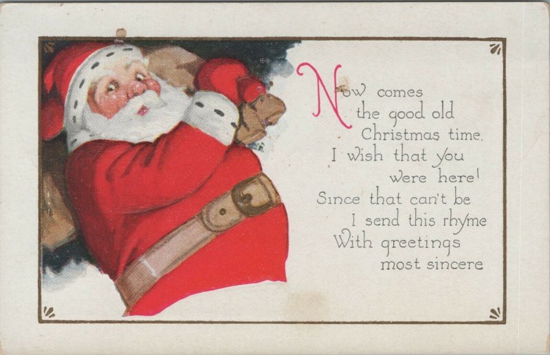 Christmas Santa Claus red suit sack of toys bag poem c1910s postcard B264 