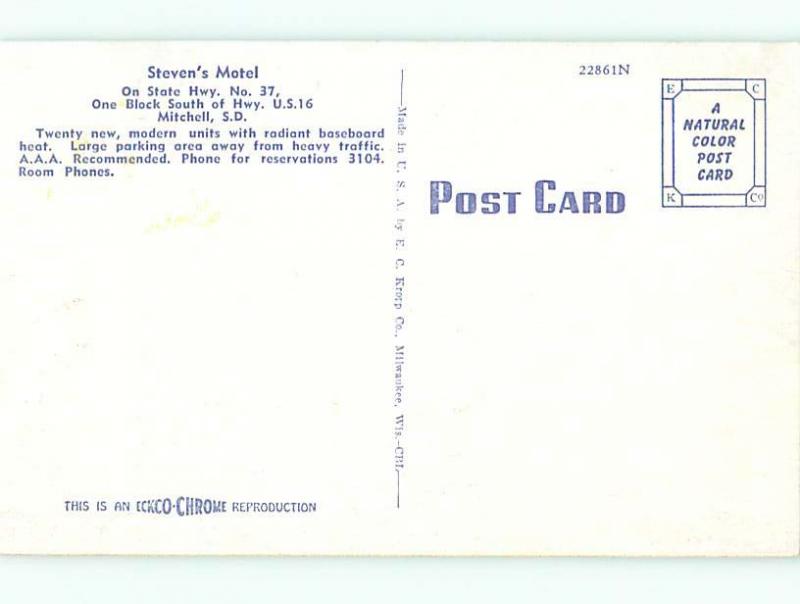 Unused 1950's STEVEN'S MOTEL Mitchell South Dakota SD s3327