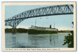 1947 SS Noronic Passing Under Blue Water Highway Bridge Sarnia Canada Postcard