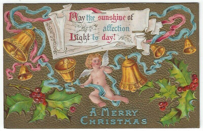 Vintage Christmas Greetings Postcard, Cherub, Gold Bells,  Holly & Berries 1909