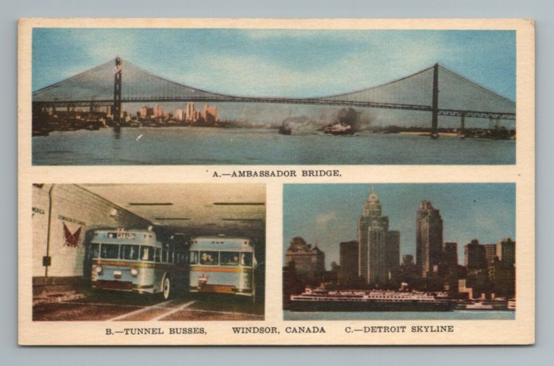 Ambassador Bridge Tunnel Detroit Skyline Windsor Ontario Canada Vintage Postcard 