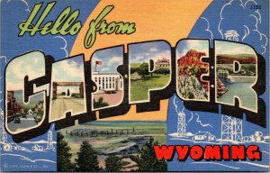 Vtg 1940s Greetings from Casper Wyoming WY Large Letter Linen Postcard