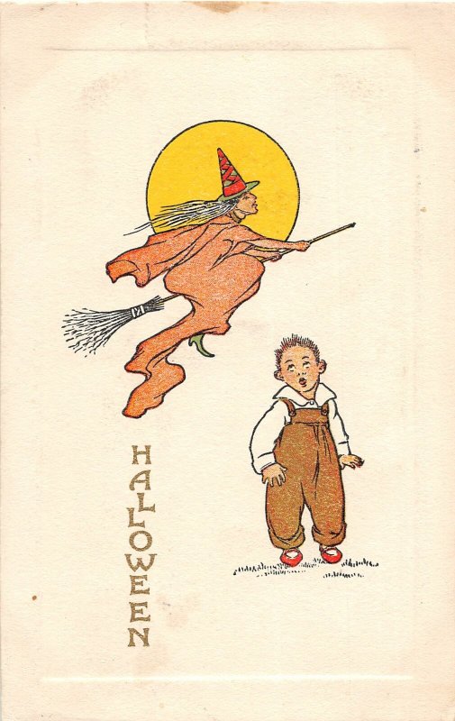 H12/ Halloween Postcard c1910 Flying Witch Broom Child Moon 10