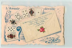 Vintage French Die Cut Postcard Playing Cards Reveal Future, Envelope w/ Card