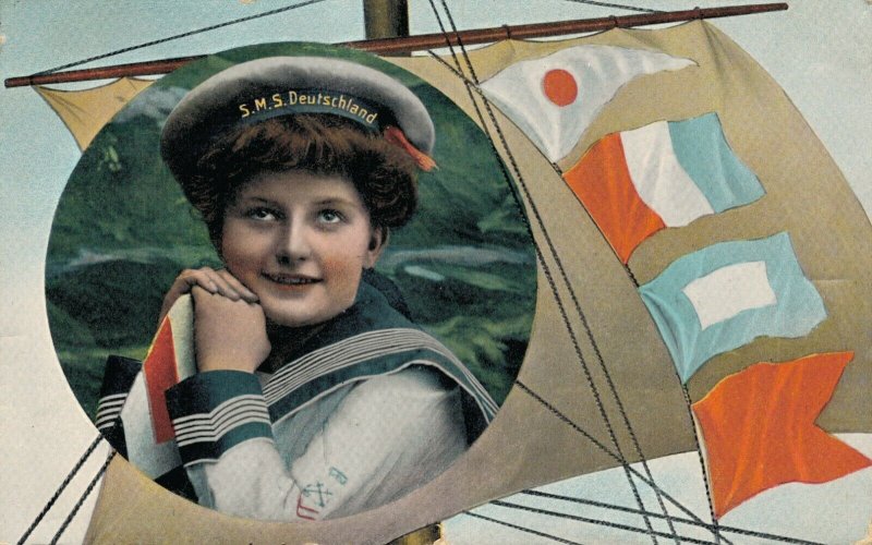 Germany S.M.S. Deutschland Sailor Boy Vintage Postcard 06.51