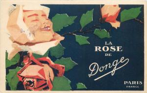 Perfume adverising postcard France Parie LA ROSE de DONGE rose flower lady face