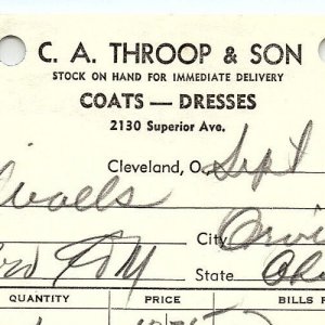 1939 C.A. THROOP & SON COATS-DRESSES CLEVELAND OHIO BILLHEAD STATEMENT Z3437