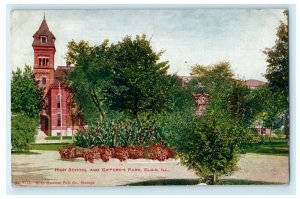 1907 High School & Gifford's Park Elgin Illinois IL Posted Antique Postcard 