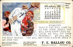 Providence RI New Year Buster Brown & Tige Snowman Ballou Ad Vintage Postcard