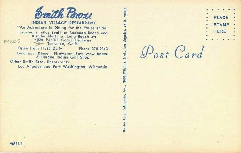 Indian Village Restaurant Smith Bros Postcard Dexter Torrance California 20-1232