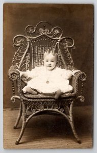 RPPC Iowa Logue Family Darling Baby Lavelle in Antique Wicker Chair Postcard B30