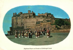 Vintage Postcard Highland Pipers on Parade at Edinburgh Castle Scotland