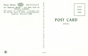 Vintage Postcard Pines Motel Restaurant US Highway 280 Opelika AL Alabama