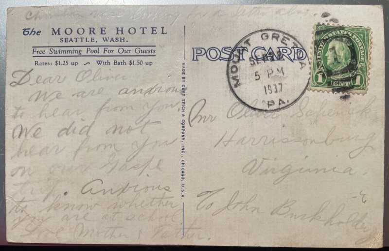 Vintage Postcard 1937 Moore Hotel, Seattle, Washington (WA)