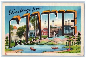 1948 Greetings From Maine ME Banner Large Letter Antique Vintage Posted Postcard 