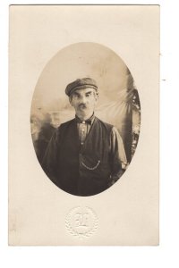 Real Photo Oval Portrait of Man with Moustache, Pocket Watch, Embossed Initials