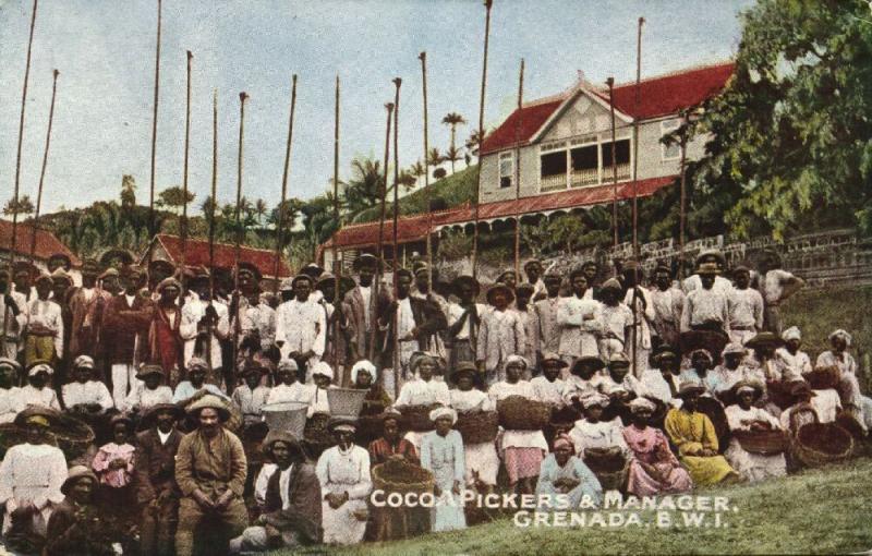 Grenada, B.W.I., Cocoa Pickers and Manager (1910) Stamp