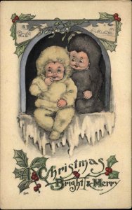 Christmas Children in Snowsuits Cuddling c1910 Vintage Postcard