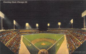 F56/ Chicago Illinois Postcard Linen Comiskey Park Baseball Stadium Night 1
