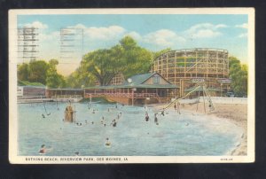 DES MOINES IOWA RIVERVIEW PARK SWIMMING BEACH ROLLER COASTER VINTAGE POSTCARD