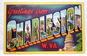 Greetings From Charleston West Virginia Large Letter Postcard Linen Curt Teich