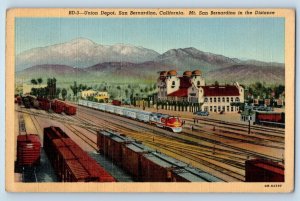 San Bernardino California CA Postcard Union Depot Railroad Locomotive Train 1940