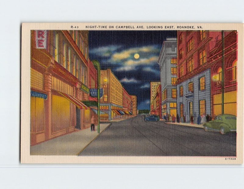 Postcard Night-Time On Campbell Avenue Looking East, Roanoke, Virginia