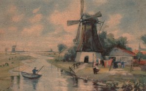 Art Scene of Man in Row Boat with Home & Windmill, Vintage Postcard