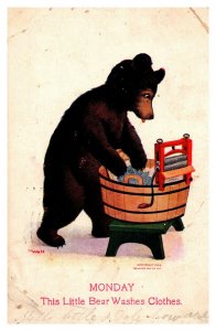 Busy Bears, Wednesday This Little Bear Mends Clothes Wall Vintage Postcard S07