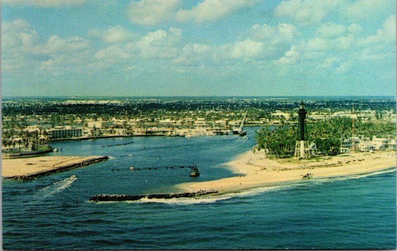 Vtg Aerial View of Pompano Beach Hillsboro Inlet Light House Florida FL Postcard