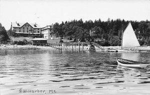 South West Harbor ME Sail Boat At Dock Hotel Background, Real Photo Postcard