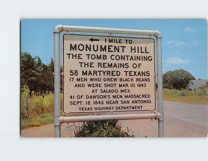 Postcard Sign on Highway 77 Points the Way to Monument Hill State Park Texas USA