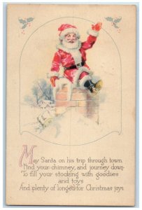 1922 Christmas Santa Claus In Chimney Winter Holly Berries Spencer PA Postcard