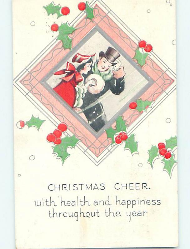 Pre-Linen christmas GIRL WITH MUFF HAND WARMER & MAN WITH TOP HAT HQ6682