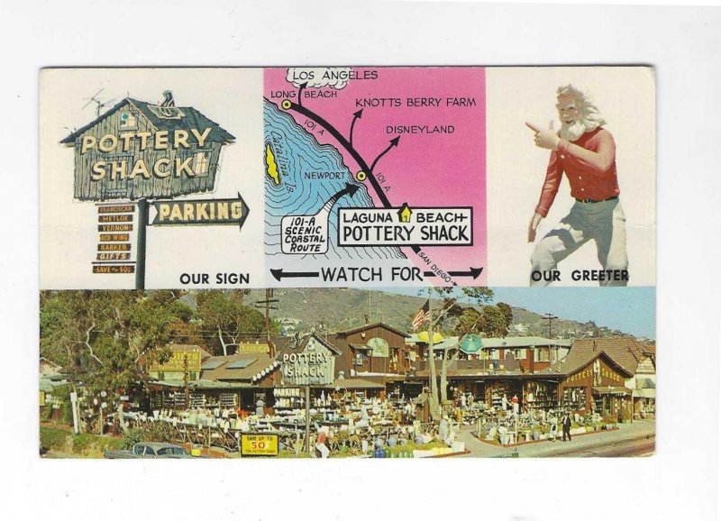 Vtg 1960's Pottery Shack, Laguna Beach, California Plastichrome Postcard