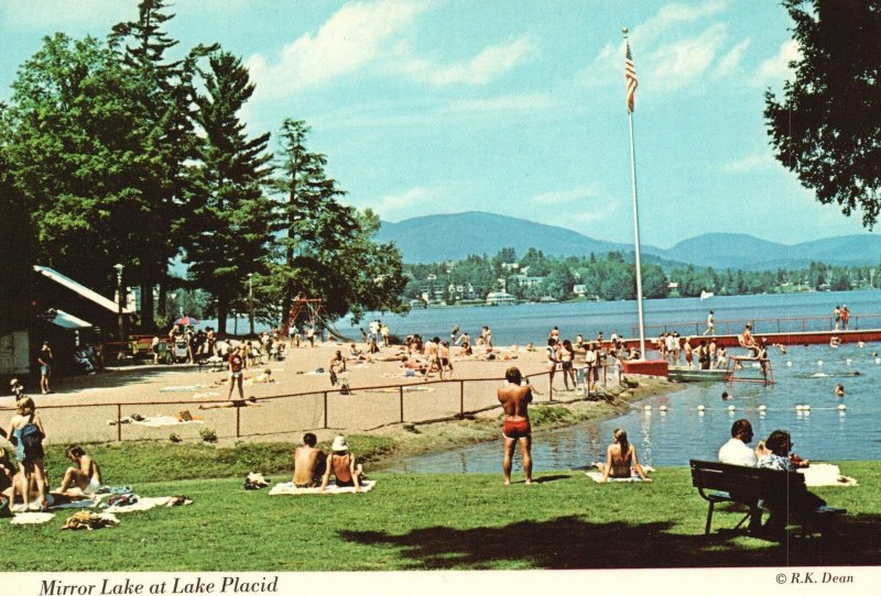 Vintage Postcard Mirror Lake Placid Park & Beach Bathing Adirondacks New York NY