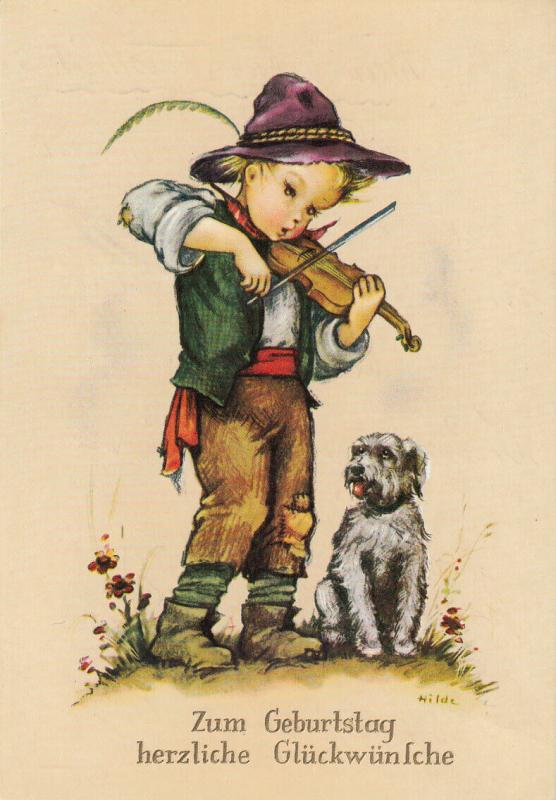 ARTIST SIGNED HILDE CYTE BOY PLAY VIOLIN MUSIC FOR DOG FANTASY POSTCARD