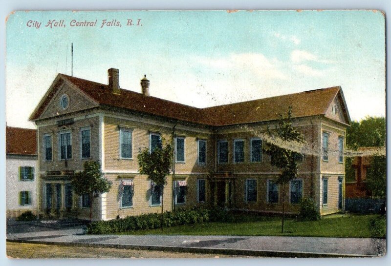 Central Falls Rhode Island Postcard City Hall Building Exterior View 1907 Posted